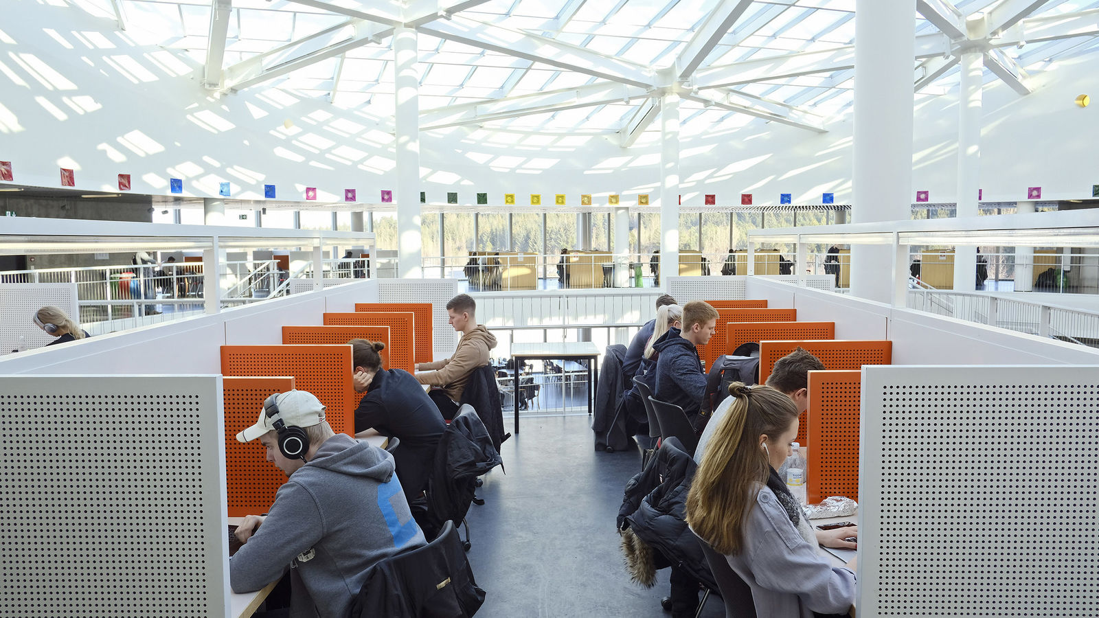 Students study at reading booths in Sólinni